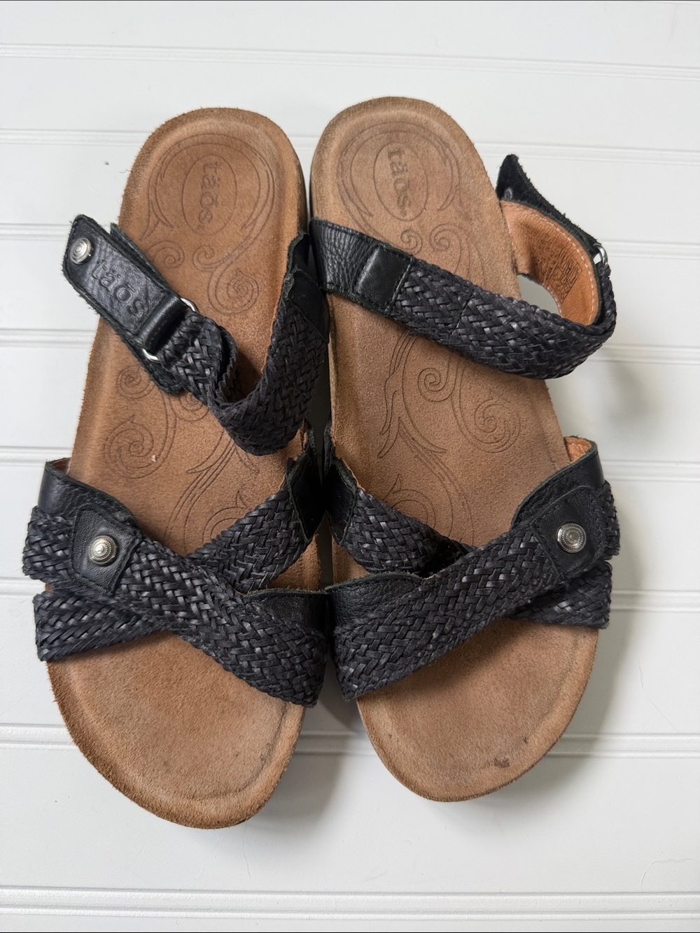 Taos Black Braided Leather Comfort Sandals Adjustable Slingback Cork Footbed